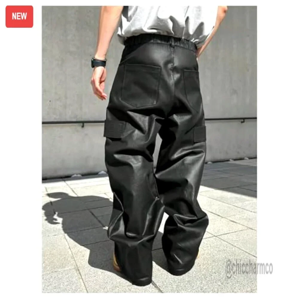 Men's Faux Leather Cargo Pants Wide Leg Baggy Streetwear Trousers - Picture 2 of 5